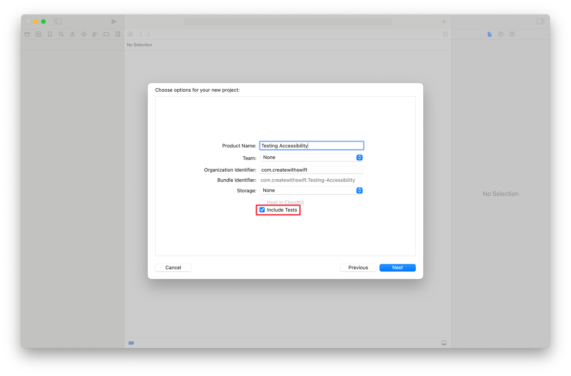 Xcode screenshot showing the creation of a new project with the Include Tests option checked