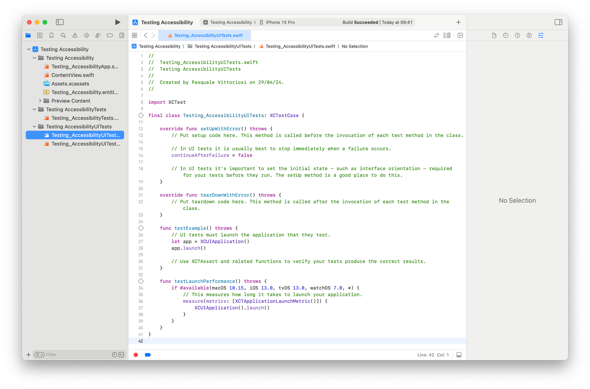 Xcode screenshot showing the automatically generated UITests