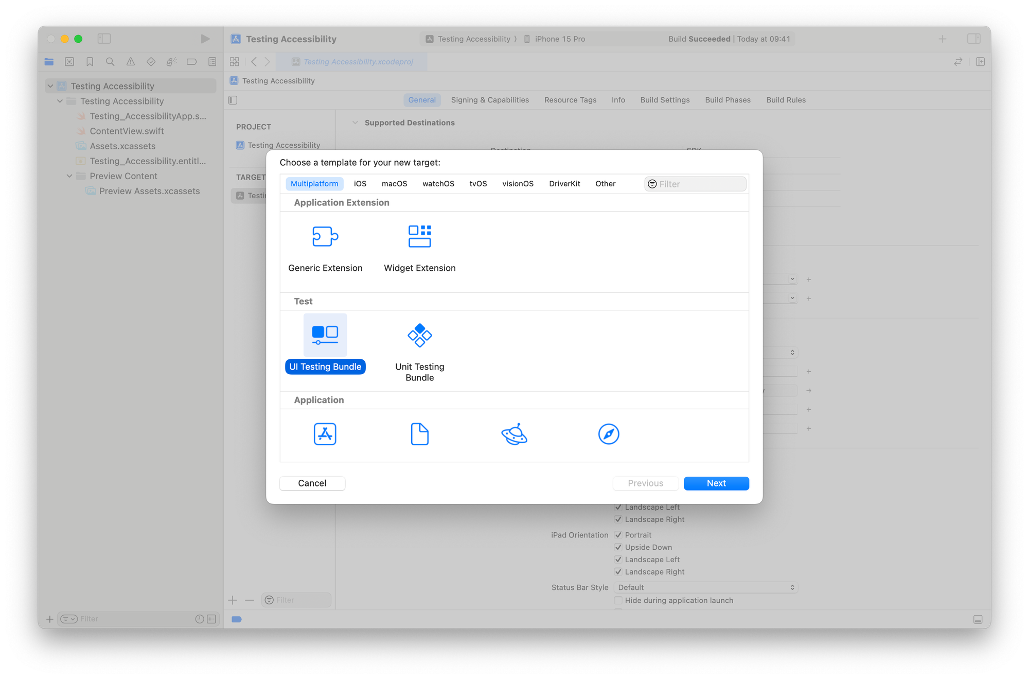 Xcode screenshot showing the addition of UI Tests