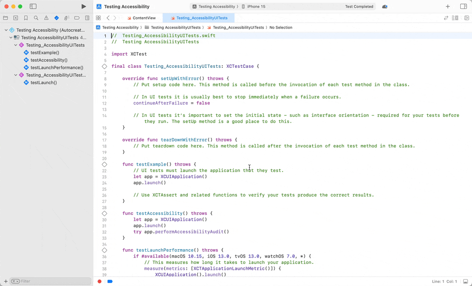 Gif showing how to run all tests and the failure of the testAccessibility test