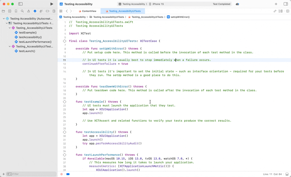 Gif showing how to run all tests and the failure of the testAccessibility test with 2 failures