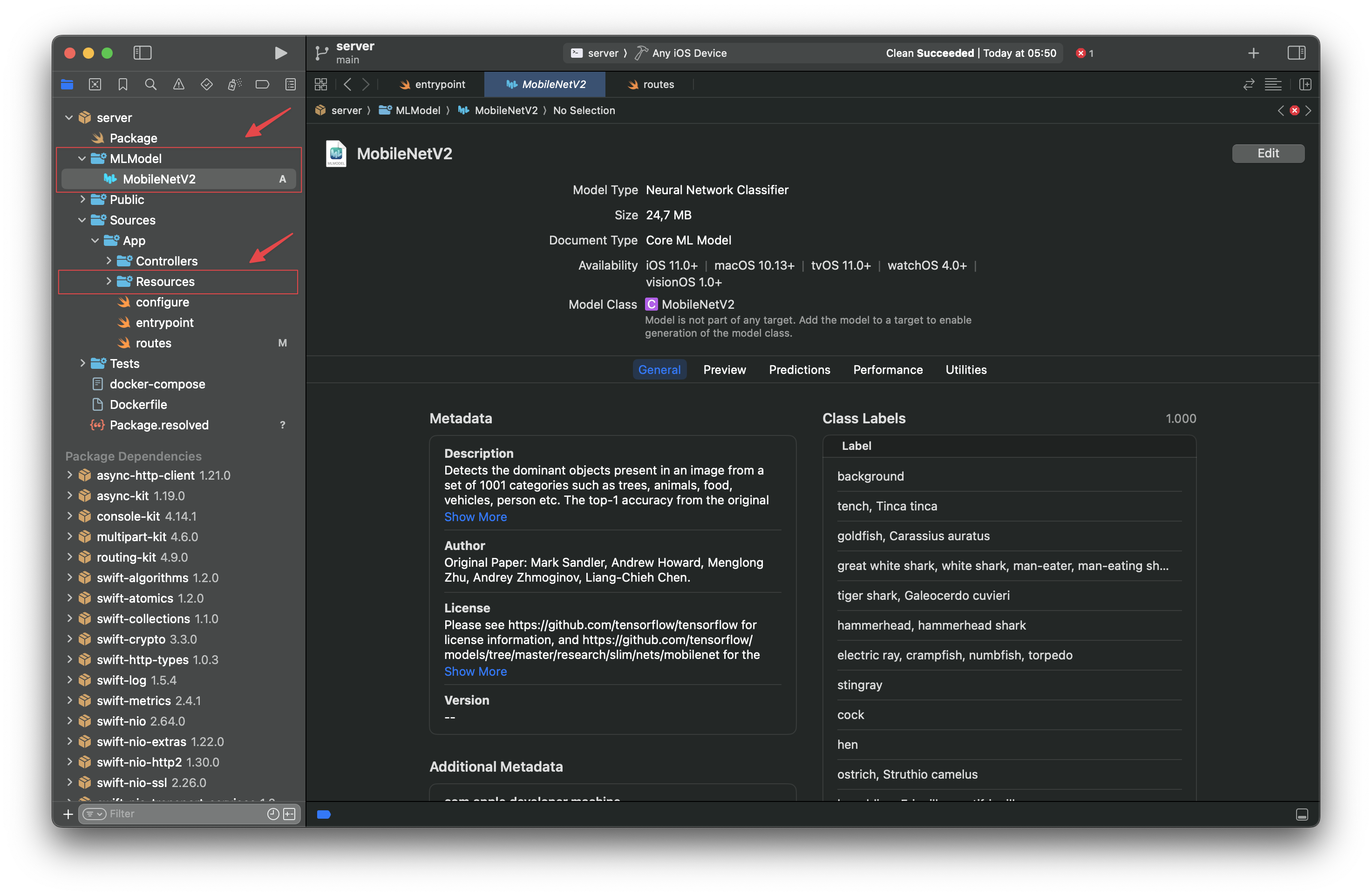 Screenshot of the Vapor project on Xcode showing the location of the folders MLModel and Resources on the project navigator