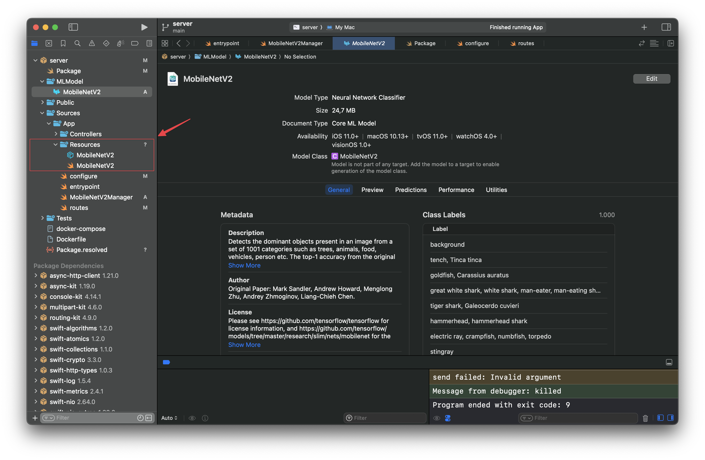 Screenshot of the Vapor project on Xcode showing the location of the compiled files of the machine learning model