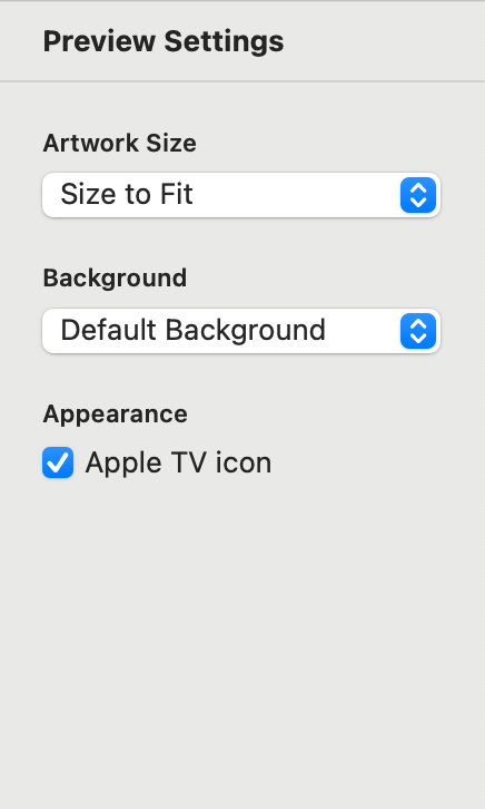 Screenshot of the settings panel showing two dropdowns and the checkbox labeled as "Apple TV icon"