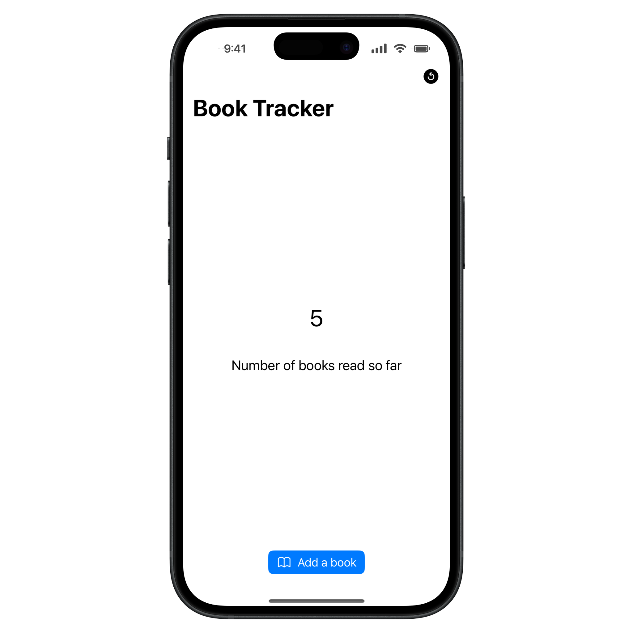 Screenshot of an app with a label on the center with a number, a label with saying "number of books read so far" and a button that adds one to the number