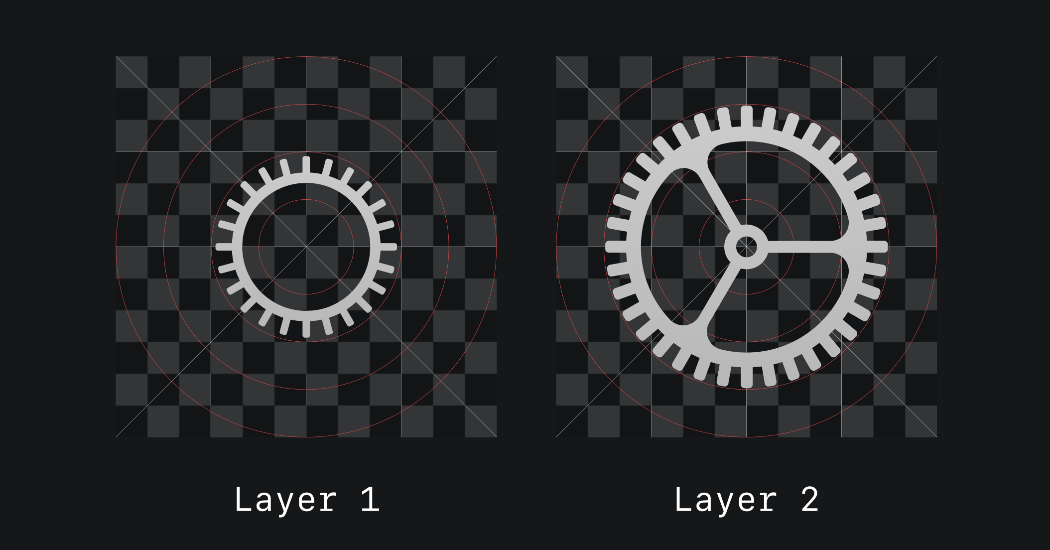 Left side of the image presents a smaller grey cog, on the right it's a bigger grey cog.