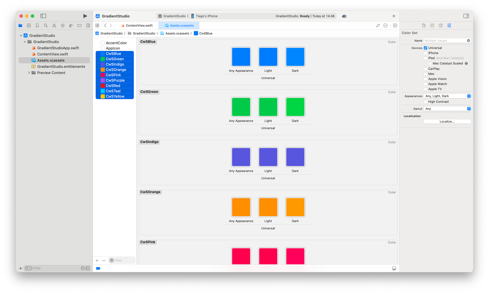 Screenshot of Xcode interface showing the Assets folder with seven different custom colors created